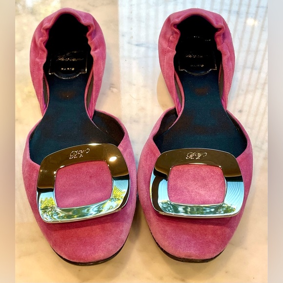 Crystal-embellished leather Mary Jane flats in pink - Roger  Roger Vivier Paris suede flats, gunmetal silver hardware, purple-pink, 37, EUC